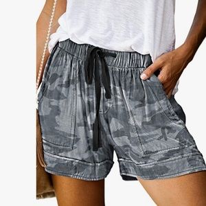 New - never worn AZOKOE Women’s casual drawstring shorts with pockets; Camo Gray